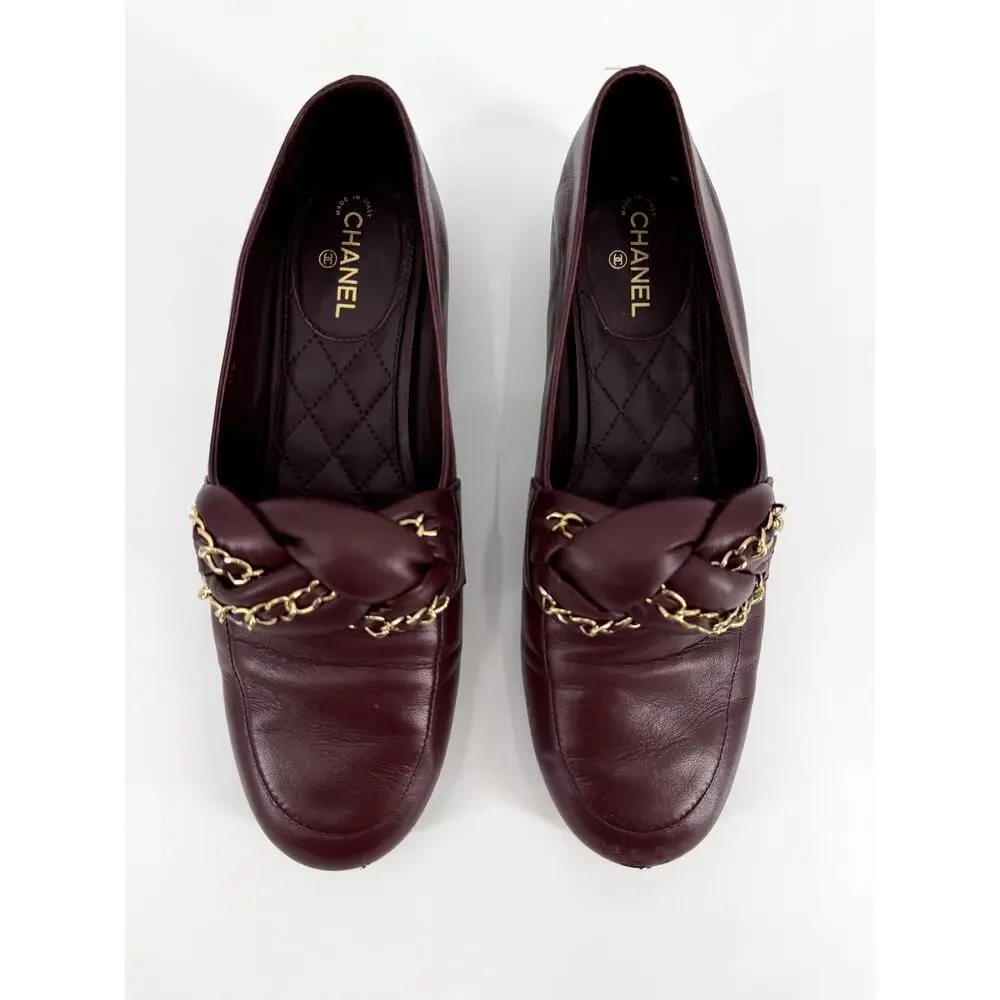 Chanel Bordeaux Burgundy Braided Lambskin CC Chain Loafers Size 39.5 EU 9